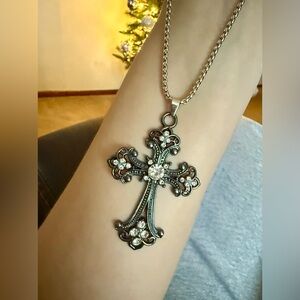 Large Rhinestone Cross Pendant Necklace